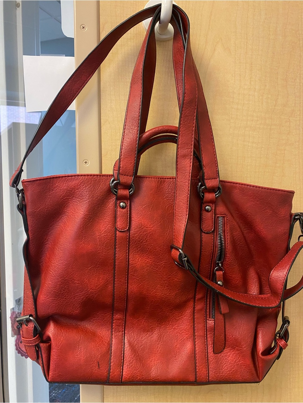 Red Faux Leather Tote Bag with Zip Pocket